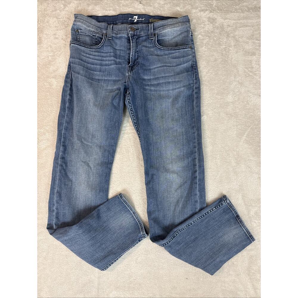7 For All Mankind Slimmy Jeans Mens 33 Blue Denim Faded Casual Stretch Whiskered